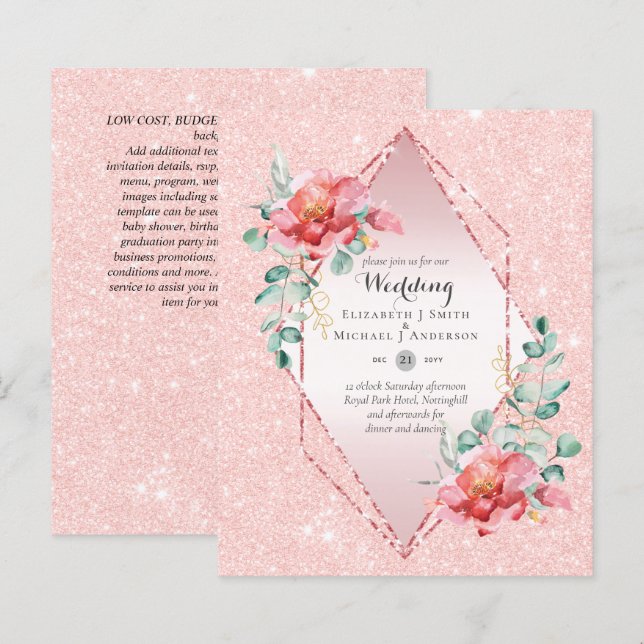 Lámina Boda de Purpurina RoseGold Red Floral de bajo pres (Anverso / Reverso)