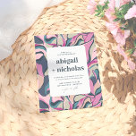 Lámina Boda de resumen colorido del retro del presupuesto<br><div class="desc">Colores brillantes Resumen Invitaciones a la Boda Retro Floral Groovy, un giro moderno en un tema retro. El frente de estas invitaciones presupuestarias muestra un patrón botánico abstracto en tonos vivos y audaces de morado, azul y verde azulado. Los detalles del boda se presentan en una cubierta rectangular blanca con...</div>
