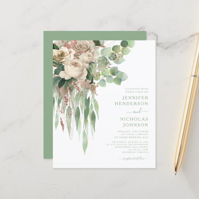 Lámina Boda de Rosas florales verdes elegantes de presupu (Anverso/Reverso In Situ)