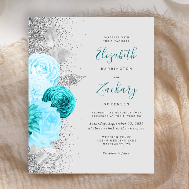 Lámina Boda del Purpurina de plata floral turquesa de pre (Subido por el creador)