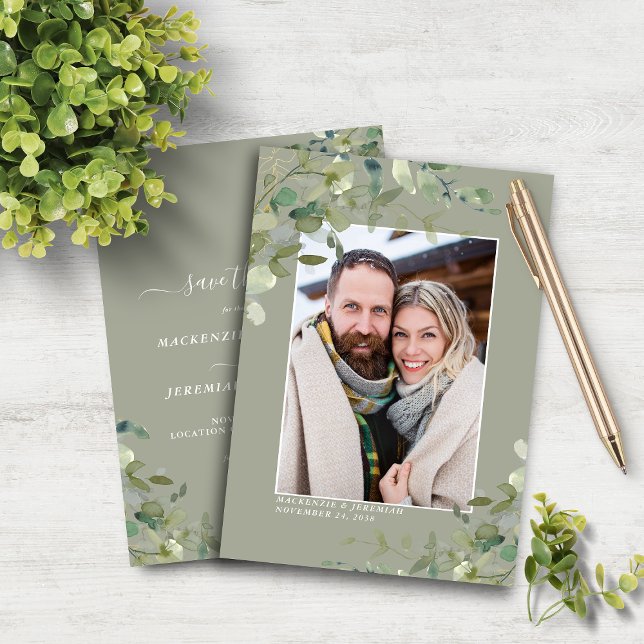 Lámina Boda del sabio de presupuesto Eucalyptus Foto Guar (Budget Sage Eucalyptus Wedding Photo Save the Date Cards)