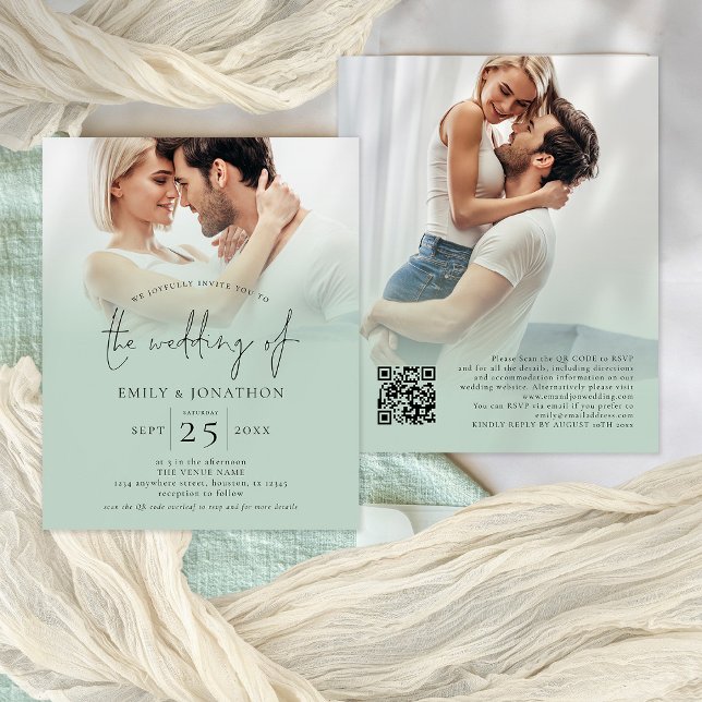 Lámina Boda del sabio QR del guión de superposición de fo (Front and back view of the budget invitation)