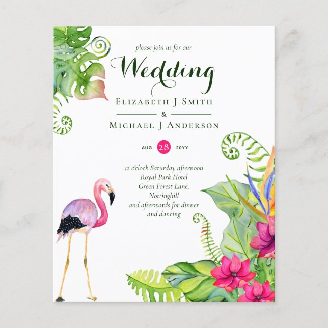Lámina Boda Flamingo Tropical Invita a Fuchsia Ginger (Anverso)