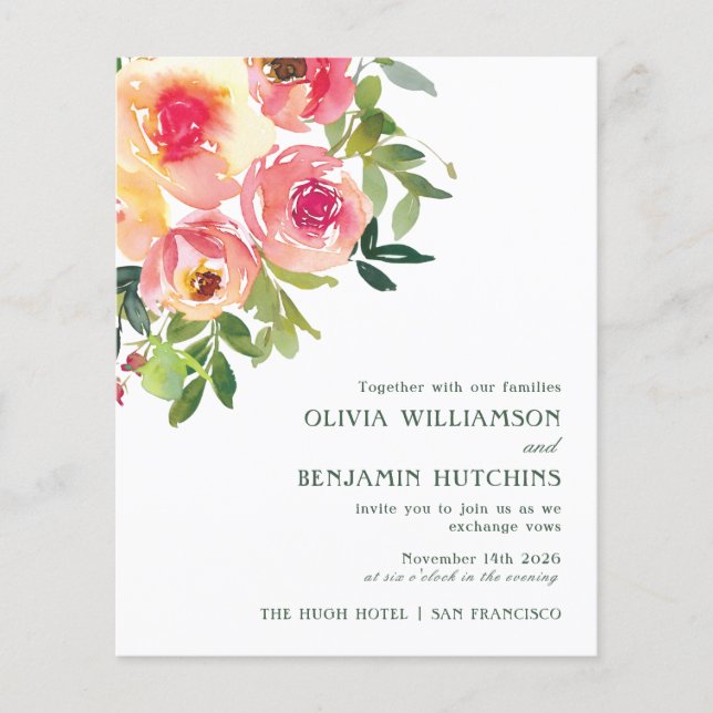 Lámina Boda floral acuarela moderna presupuesto rojo rosa (Anverso)