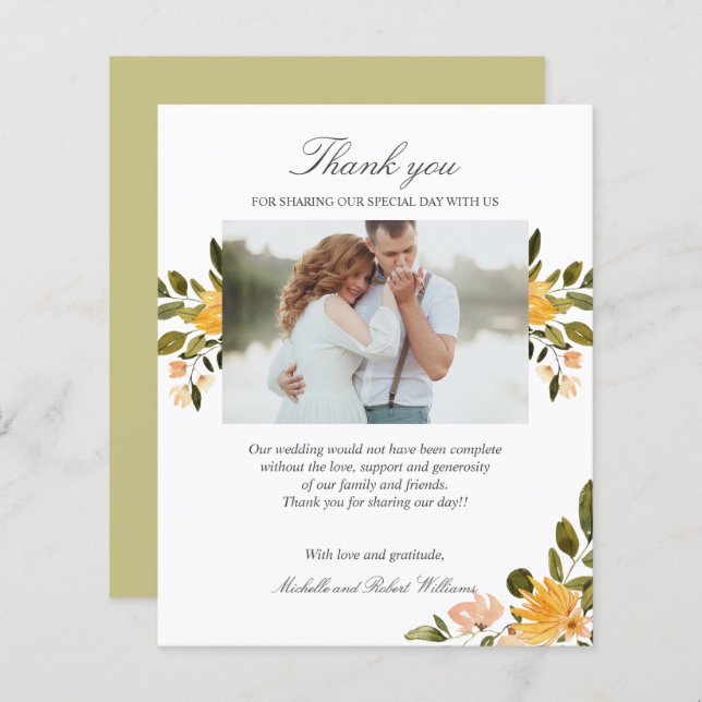 Lámina Boda floral amarillo y verde Foto GRACIAS (Anverso / Reverso)