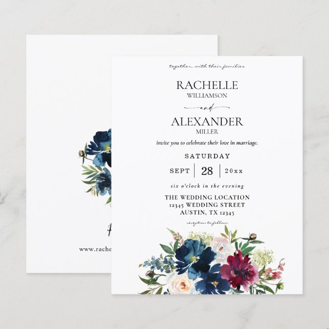 Lámina Boda Floral Azul, Borgoña y Blanco de la Marina Pr (Anverso / Reverso)