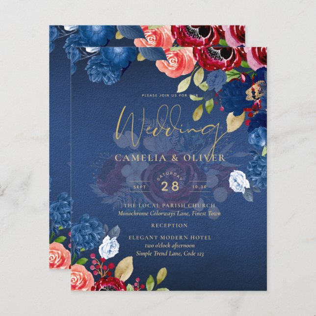 Lámina Boda Floral Azul de Borgoña Rústica (Anverso / Reverso)