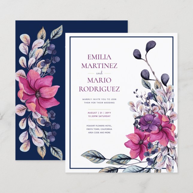Lámina Boda floral azul de la marina rosa de Fuchsia (Anverso / Reverso)