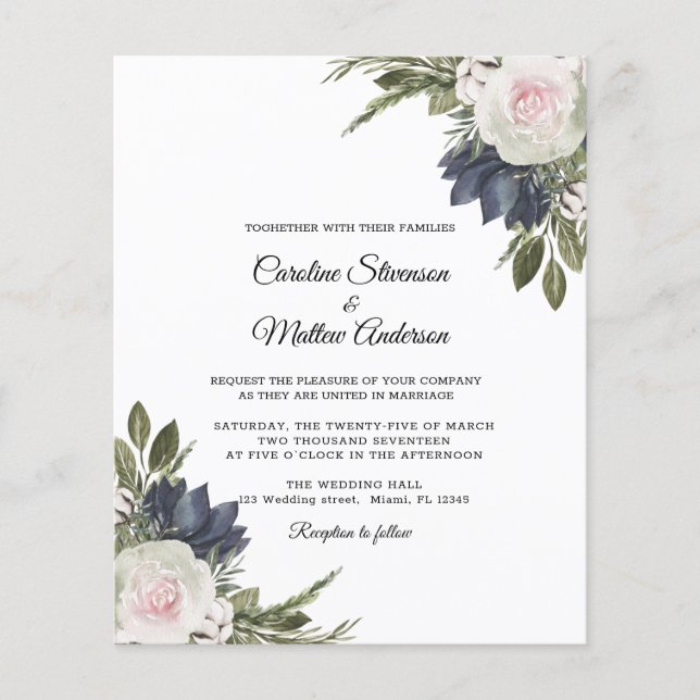 Lámina Boda floral azul elegante de presupuesto (Anverso)