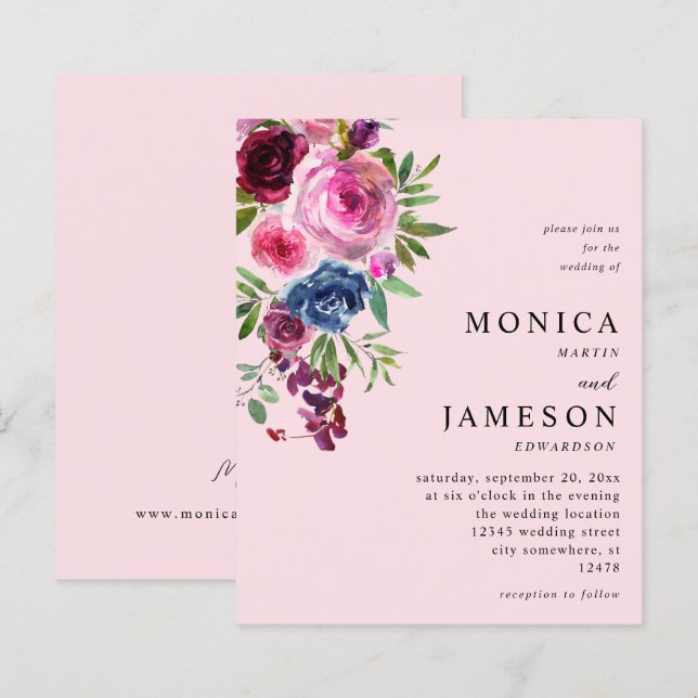 Lámina Boda floral azul marino y rosado caliente de presu (Anverso / Reverso)