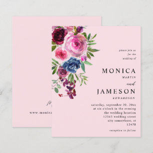 Lámina Boda floral azul marino y rosado caliente de presu