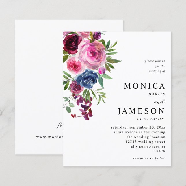 Lámina Boda floral azul marino y rosado caliente de presu (Anverso / Reverso)