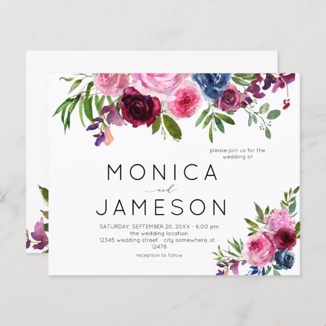 Lámina Boda floral azul marino y rosado caliente de presu (Anverso / Reverso)