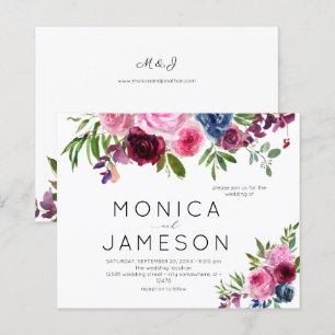 Lámina Boda floral azul marino y rosado caliente de presu