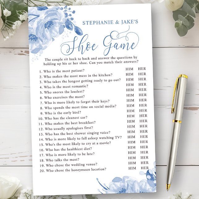 Lámina Boda Floral Azul o Parejas Juego de zapatos de duc (Bridal Shower Game from my Dusty Blue Watercolor Floral Bridal Shower)