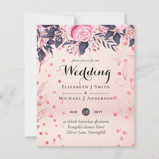 Lámina Boda floral azul rosado moderno (Anverso)