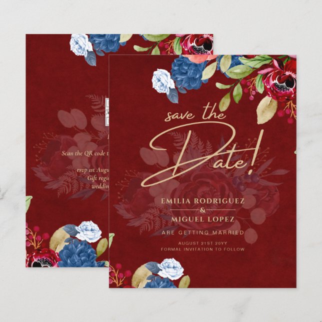 Lámina Boda floral azul ruidosa de Borgoña AHORRA LA FECH (Anverso / Reverso)