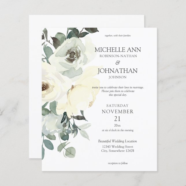 Lámina Boda floral azul y blanco agitado de presupuesto (Anverso / Reverso)