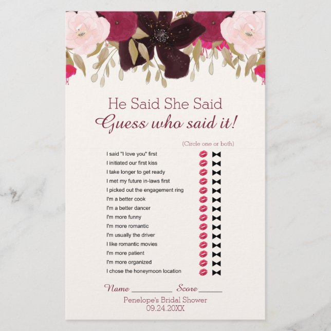 Lámina Boda floral bohemio juego de ducha de búsqueda de  (Anverso)