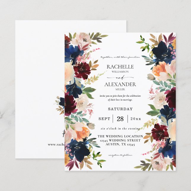 Lámina Boda floral de borgoña, rosa y melocotón (Anverso / Reverso)