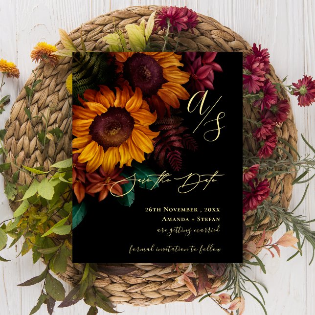 Lámina Boda floral de otoño en negro y oro salva la fecha (Black & Gold Fall Floral Wedding Save the Date)