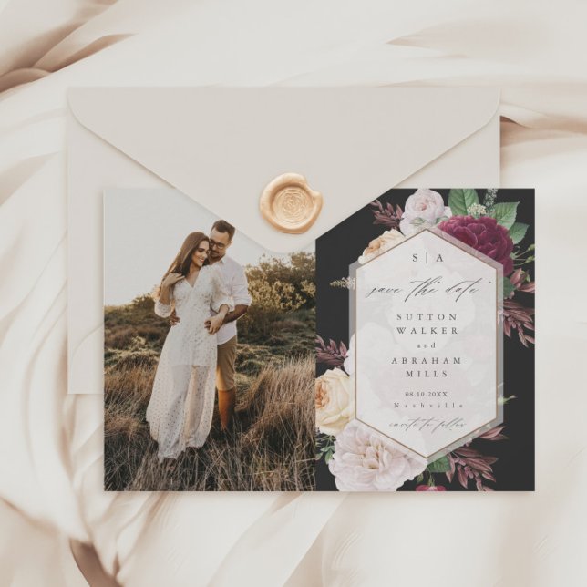 Lámina Boda floral de presupuesto Foto Guardar fecha (Vintage Floral Bouquet Black Budget  Photo Wedding Save the Dates.)