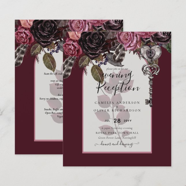 Lámina Boda floral de vino de Borgoña otoño INVITE invier (Anverso / Reverso)