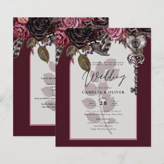 Lámina Boda floral de vino de Borgoña otoño INVITE invier (Anverso / Reverso)