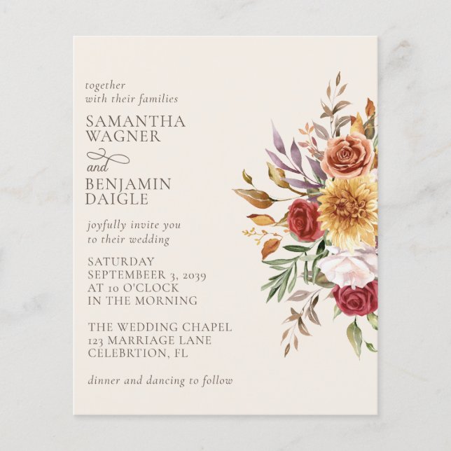 Lámina Boda floral moderna de otoño en marfil con presupu (Anverso)