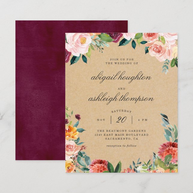 Lámina Boda floral rosa de Rubor de Budget Kraft Burgundy (Anverso / Reverso)