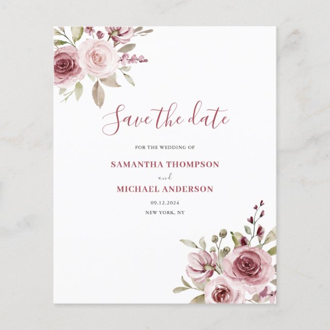 Lámina Boda Floral Rosa Presupuestaria Guardar La Fecha (Anverso)