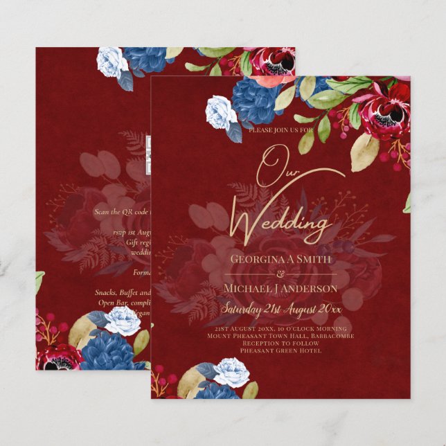 Lámina Boda Floral Rústica Borgoña Azul (Anverso / Reverso)