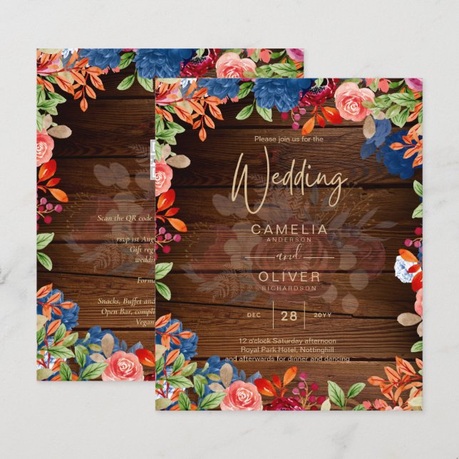 Lámina Boda Floral Rústica Borgoña Azul (Anverso / Reverso)