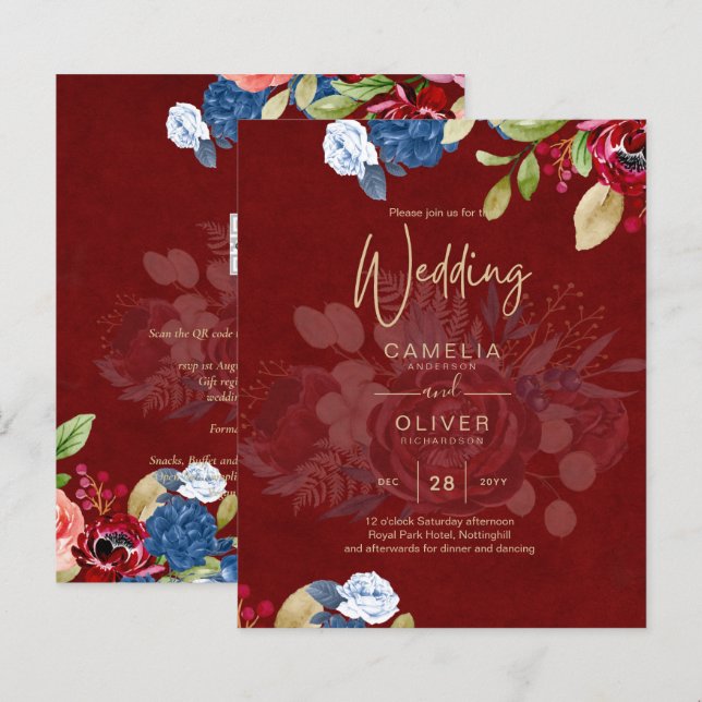 Lámina Boda Floral Rústica de Borgoña Azul (Anverso / Reverso)