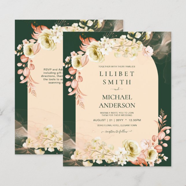 Lámina Boda floral verde de coral de temporada esmeralda (Anverso / Reverso)
