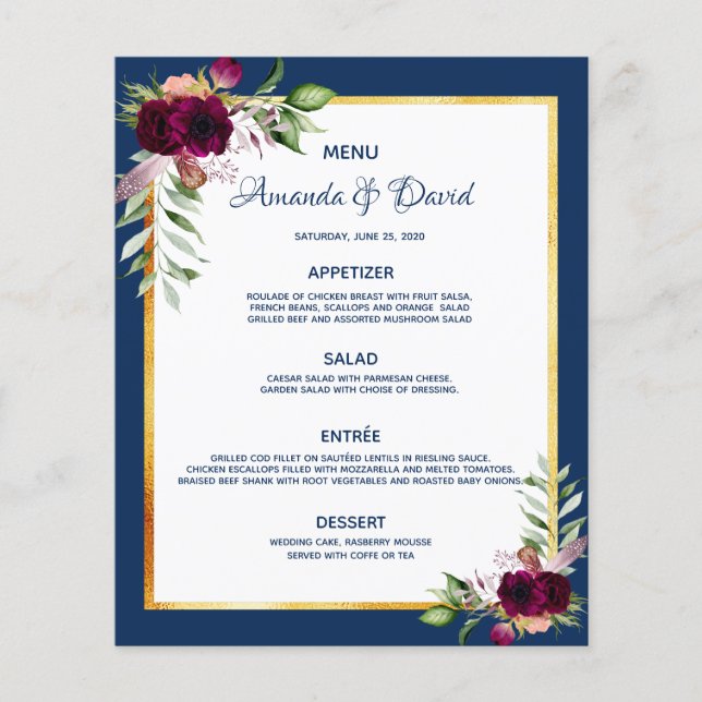 Lámina Boda flores azul marino burdeos (Anverso)