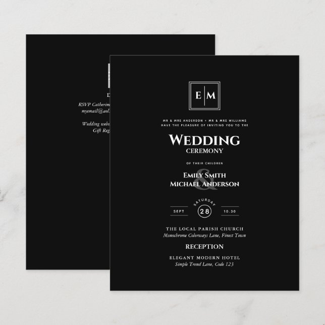 Lámina BODA formal de monograma presupuestario negro todo (Anverso / Reverso)