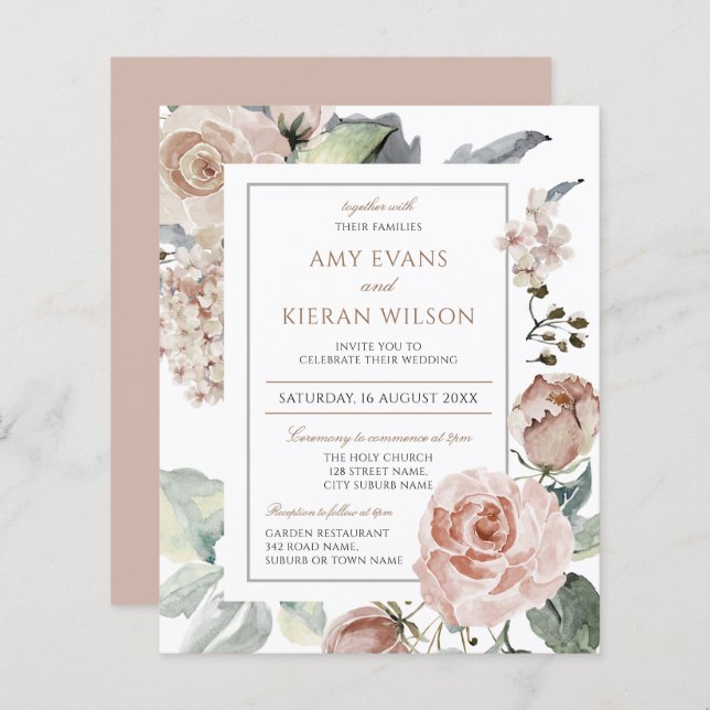 Lámina Boda Formal Elegante Floral Polvo Rosa Presupuesto (Anverso / Reverso)