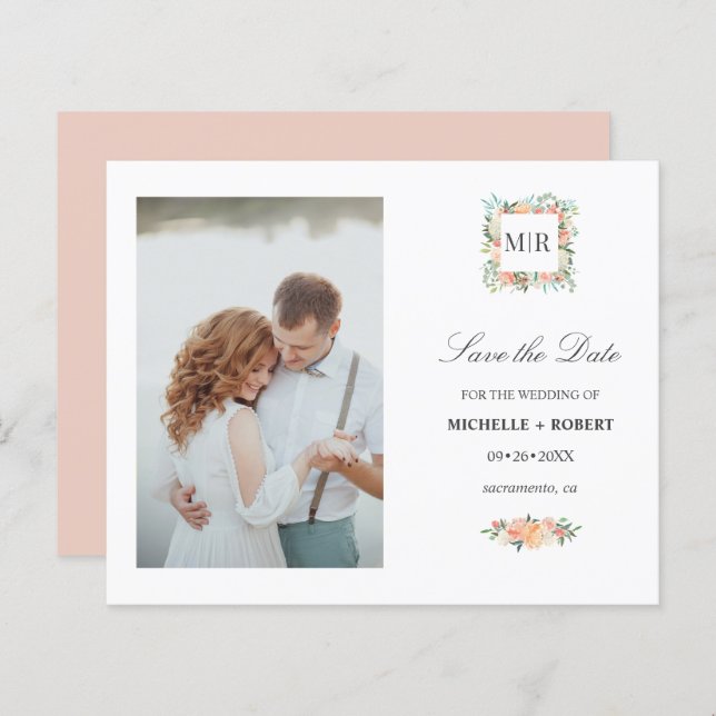 Lámina Boda fotográfica con flores rosadas monograma GUAR (Anverso / Reverso)