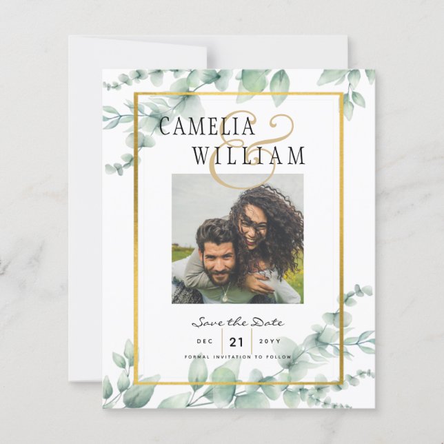 Lámina Boda fotográfica de verde moderna Guardar la fecha (Anverso)