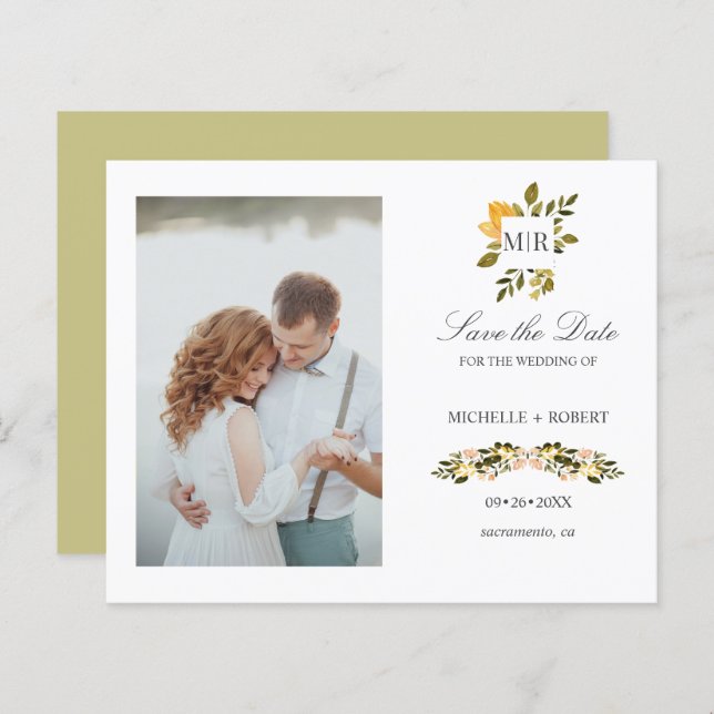 Lámina Boda fotográfica floral amarilla monogramo SALVAR  (Anverso / Reverso)