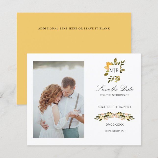 Lámina Boda fotográfica floral amarilla monogramo SALVAR  (Anverso / Reverso)