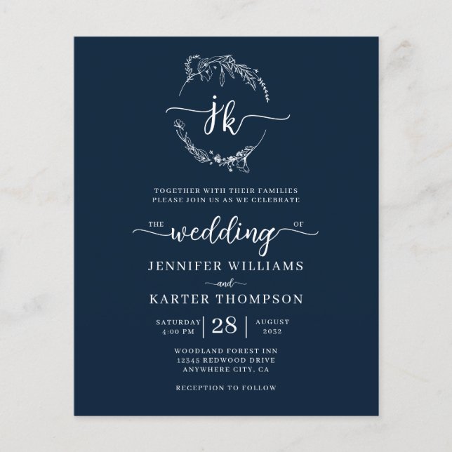 Lámina BODA fotográfico de monograma azul de la Marina Fl (Anverso)