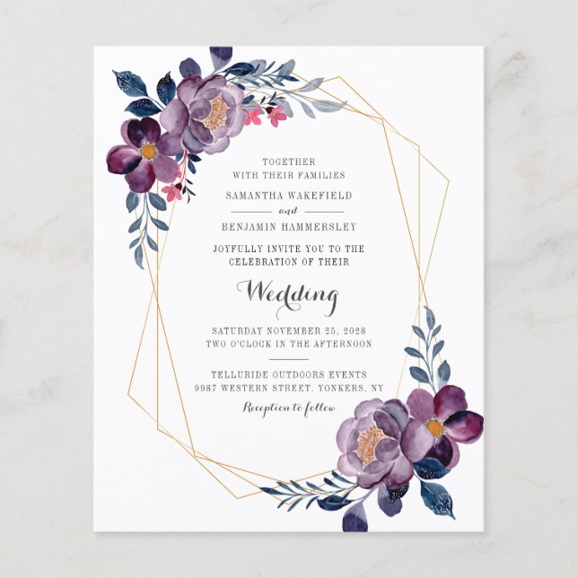 Lámina Boda Geométrico Púrpura de Guión Floral Presupuest (Anverso)