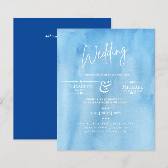 Lámina Boda LeahG BUDGET Invitar Acuarela Azul Oceánica (Anverso / Reverso)