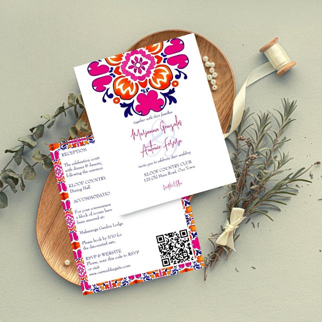 Lámina Boda mexicana con presupuesto rosa y azulejos invi (Mexican tile pink orange blue budget wedding printable invitation all in one affordable invitations)