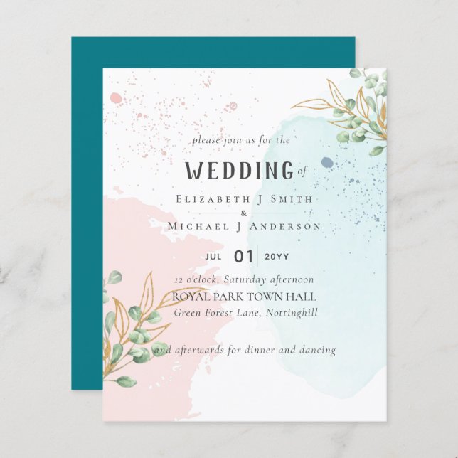 Lámina Boda moderno Eucalyptus Greenery Blue Pink (Anverso / Reverso)