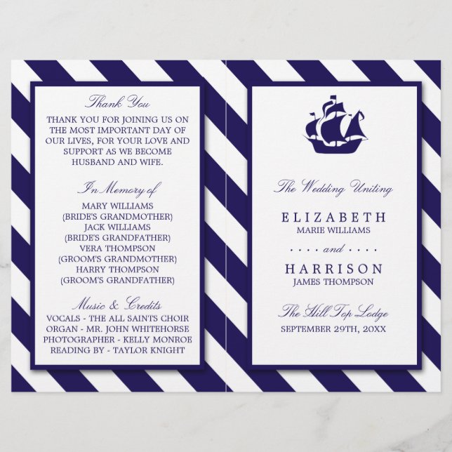Lámina Boda Nautical Stripes & Navy Blue Ship (Anverso)