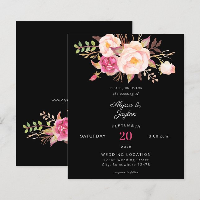 Lámina Boda negro floral de Rubor rosado con presupuesto (Anverso / Reverso)
