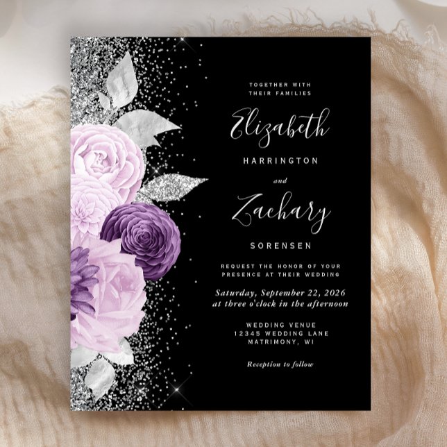 Lámina Boda negro Purpurina floral morado de plata en el  (An elegant choice for a wedding with a moody purple, silver and black color palete.)